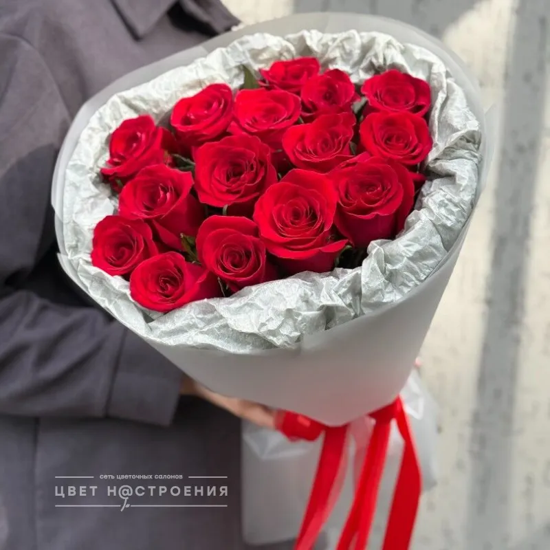 15 красных роз 60см в упаковке